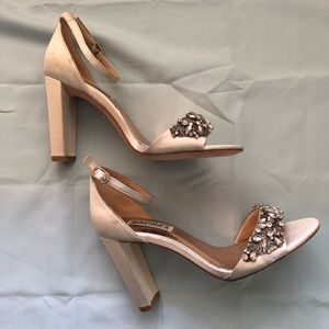 Badgley Mischka crystal detailing peep toe heels.